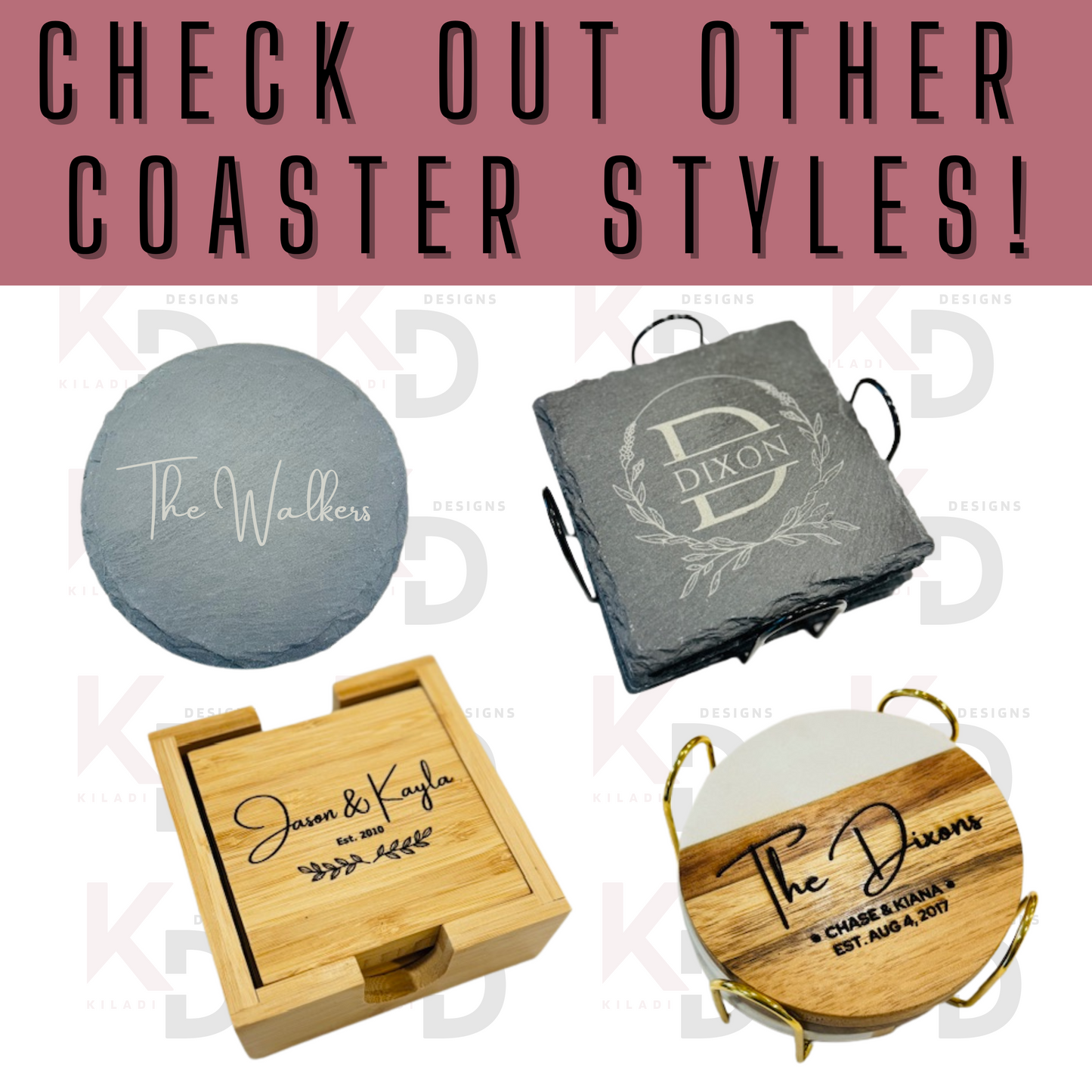 Engraved Square Bamboo Coaster Set with holder