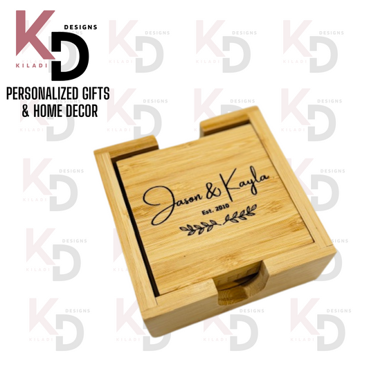 Engraved Square Bamboo Coaster Set with holder