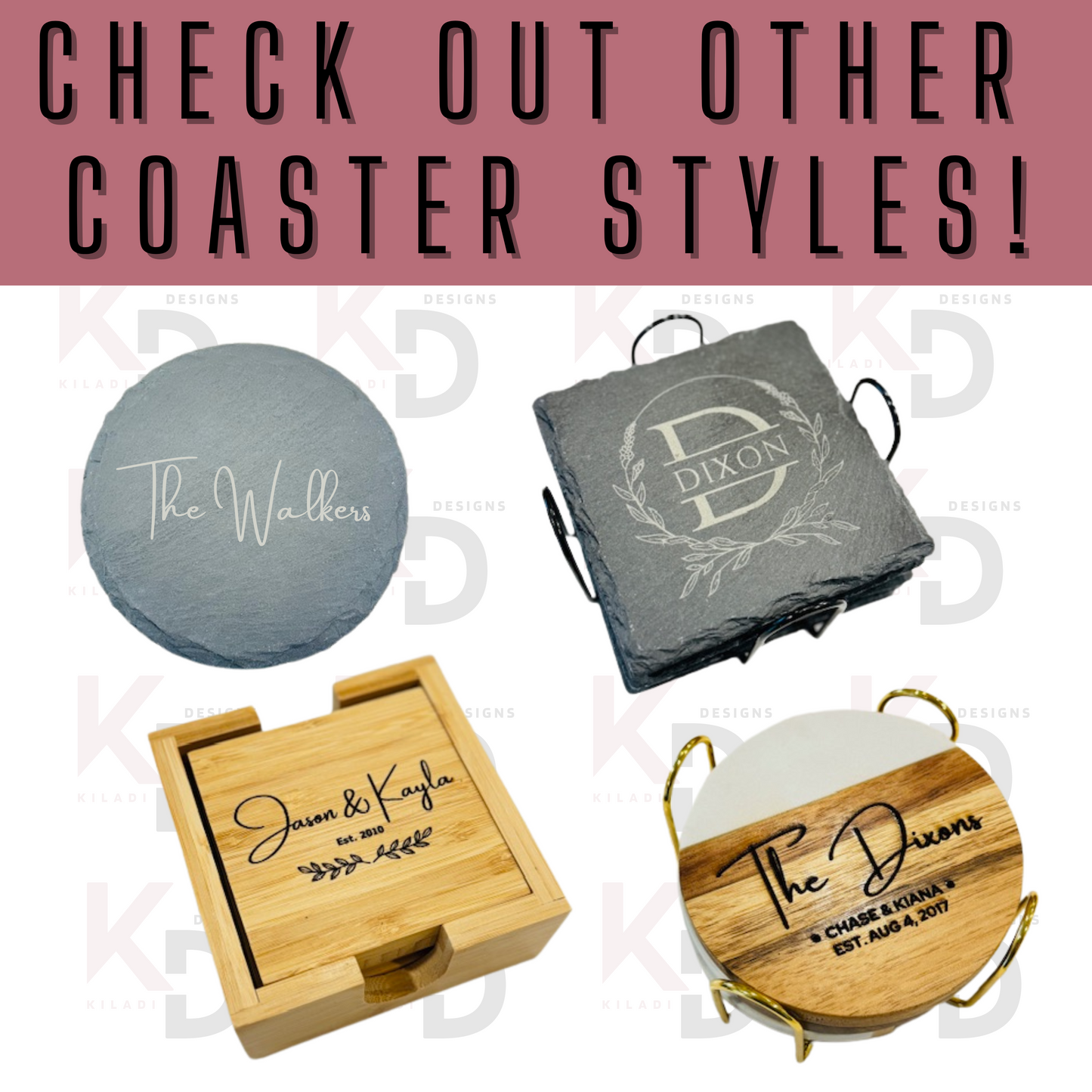 Engraved Mable & Wood Coaster Set with holder