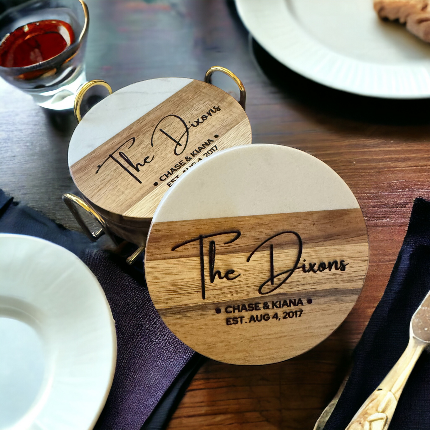 Engraved Mable & Wood Coaster Set with holder