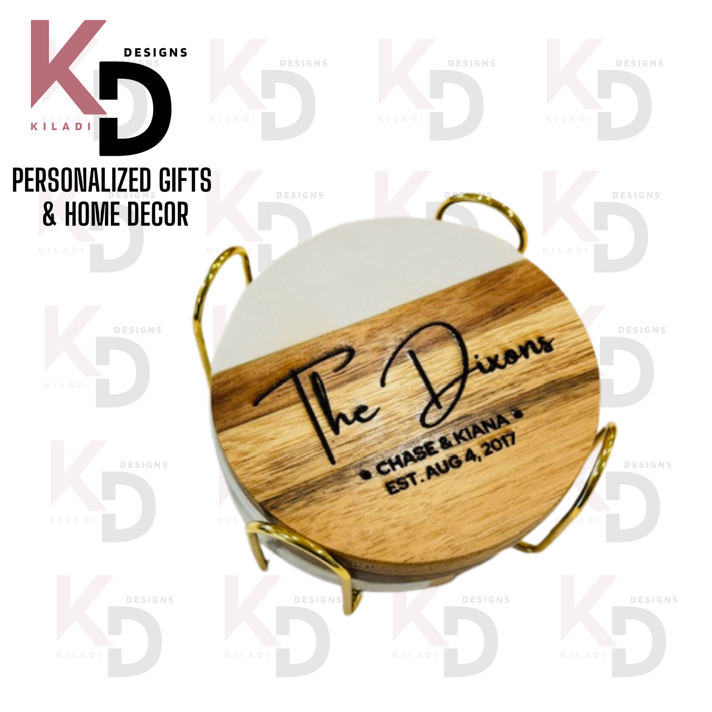 Engraved Mable & Wood Coaster Set with holder