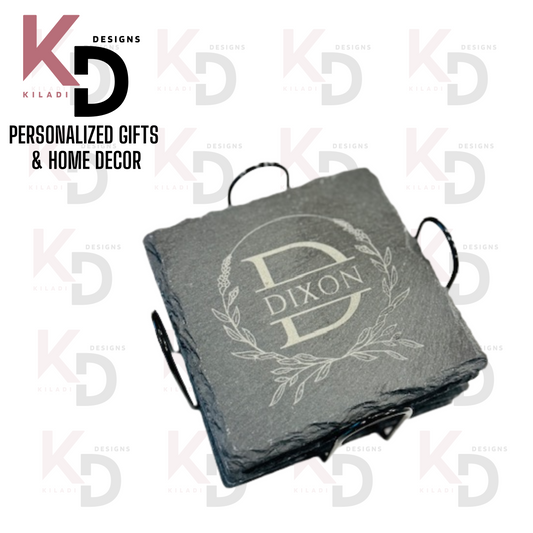 Engraved Square Slate Coaster Set with holder