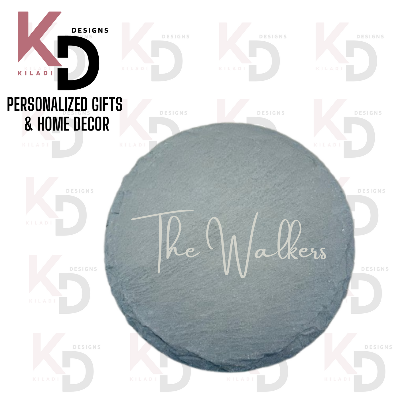 Engraved Round Slate Coaster Set with holder